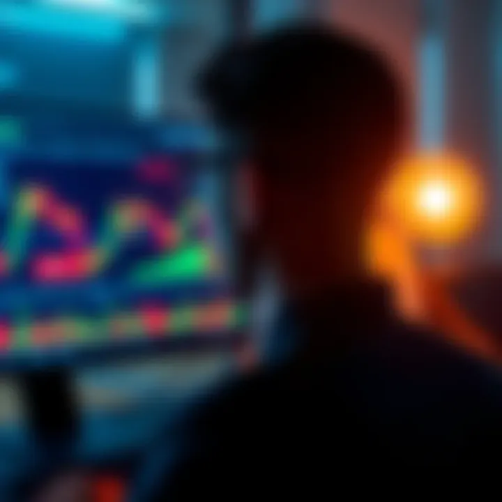Trading with Leverage at Polymarket A person looking at a computer screen with trading charts and leverage symbols, representing trading on Polymarket.