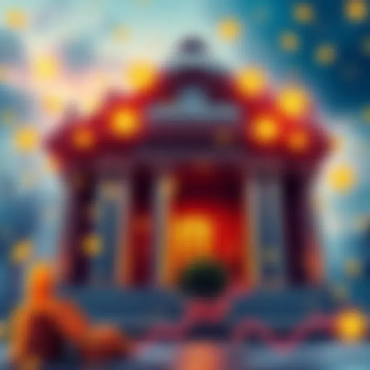 A traditional bank building with Bitcoin and other cryptocurrency symbols around it, symbolizing the integration of crypto in banking.