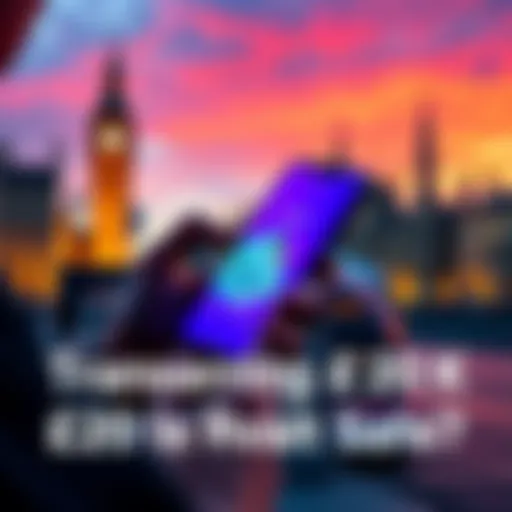 A person using a smartphone to transfer money with the Revolut app, with a background of UK landmarks.