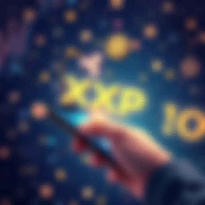 Illustration of a person transferring XRP tokens from a phone to a new wallet address, with digital currency symbols in the background.