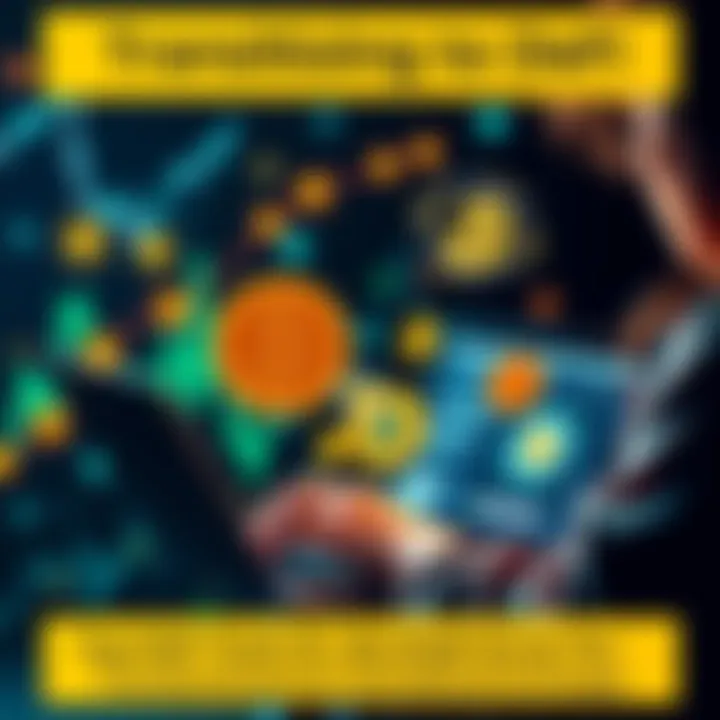 A person using a laptop to explore decentralized finance tools, surrounded by digital currency symbols.