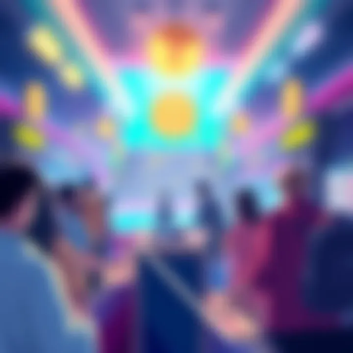 An illustration showing a bright, engaging lottery scene with people buying tickets and a visible prize pool in the background, symbolizing trust and transparency in lottery systems.
