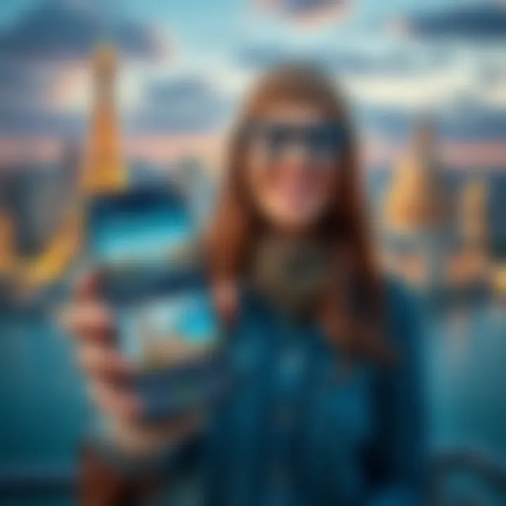 Travel Rewards with Crypto.com A happy traveler booking a flight on Crypto.com Travel, showcasing hotel options and flight details on a smartphone screen, with a backdrop of famous global landmarks.