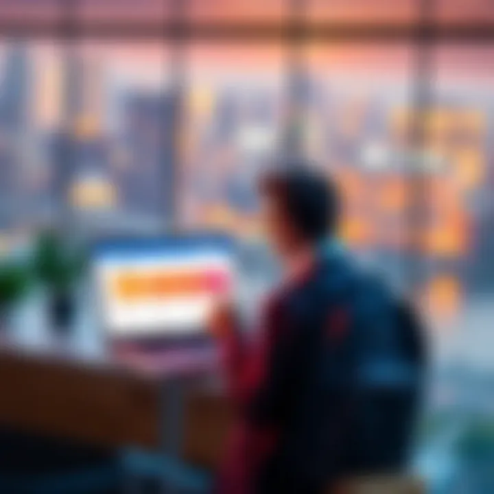 A traveler looking at a laptop with subscription plan options displayed on the screen, contemplating switching plans while overseas.