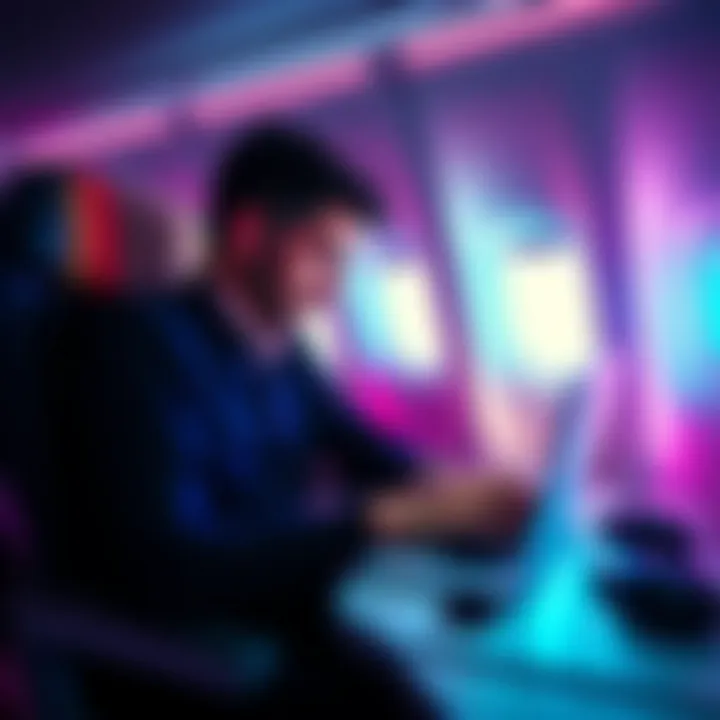 Person using a laptop on a plane Traveler logging into an account while seated on an airplane