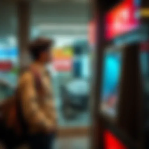 A confused traveler standing at an ATM in Thailand, looking at the screen showing unexpected transaction fees.