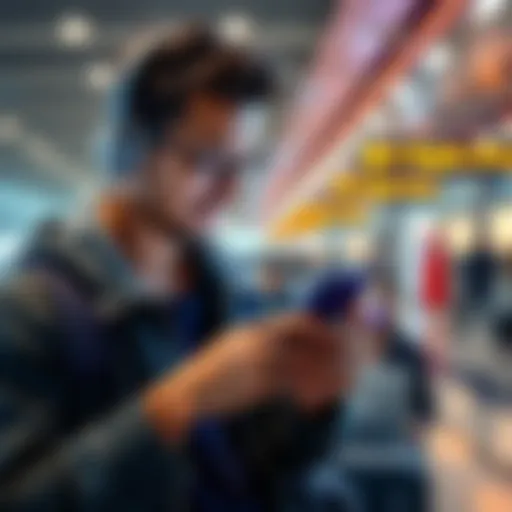 A person looking relieved while using a cryptocurrency app on their phone at an airport