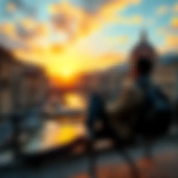 A traveler sitting on a bench in Florence, gazing at the city with a thoughtful expression, surrounded by historic buildings and a sunset sky.