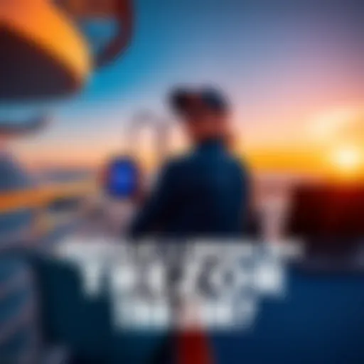 A person sitting on a cruise ship deck, holding a Trezor hardware wallet, with the ocean in the background and a laptop nearby.