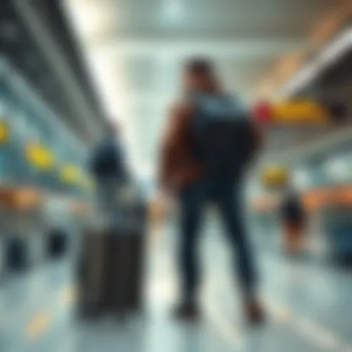 A person holding an Antminer ASIC miner, standing in an airport security line with luggage in the background