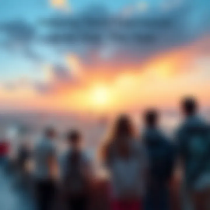 A group of people enjoying a scenic view of a vibrant city with landmarks in the background