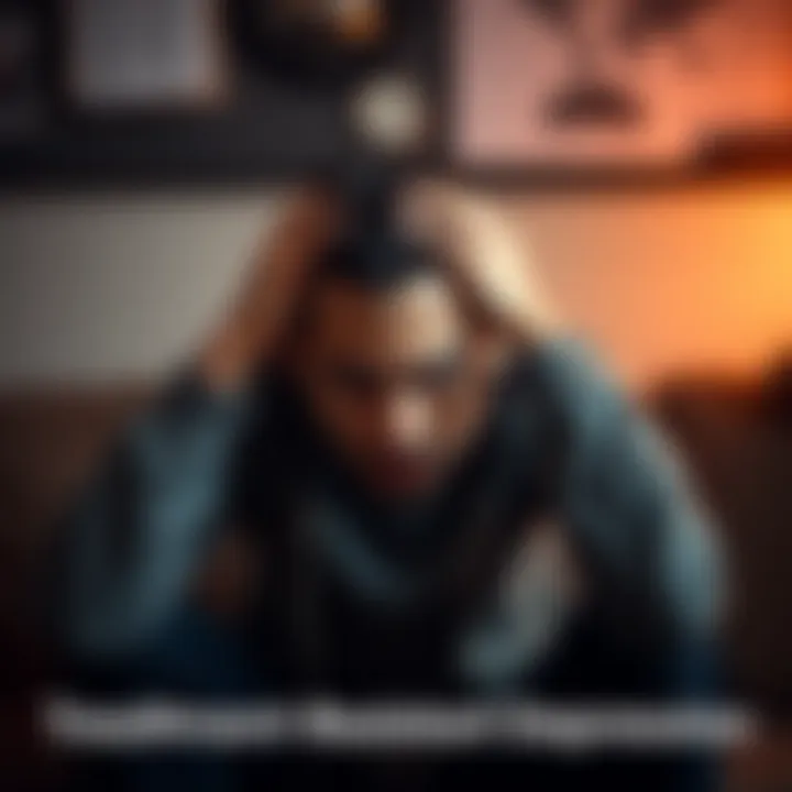Person Holding Head in Frustration Individual sitting on a couch with hands on their head, expressing the struggle of treatment-resistant depression