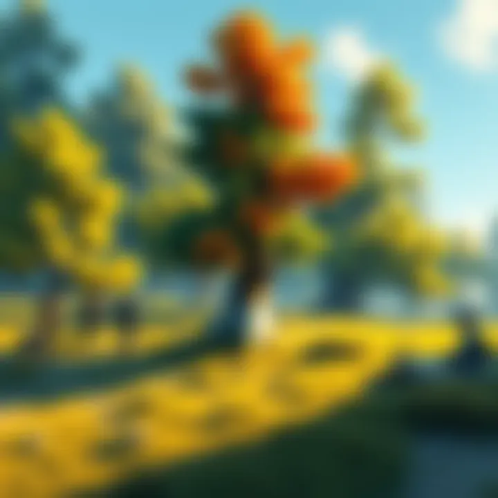 Illustration of tree parcels including birch and legendary trees in a game setting, with players discussing them in the background.