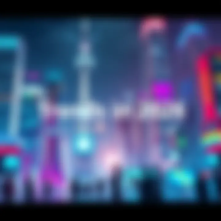 A futuristic city skyline showing advanced technology and innovation with people interacting with digital displays.