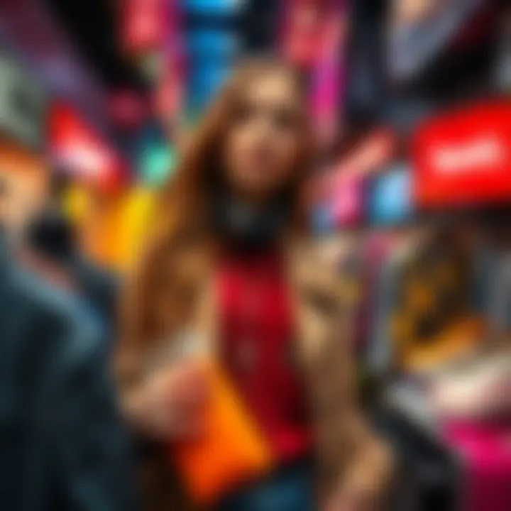 Trendsetter Influencer A fashionable influencer showcasing trendy purchases at a vibrant urban setting, surrounded by stylish clothing and accessories that represent current market trends.