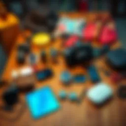 A collection of popular gadgets and fashion items symbolizing current trends, laid out on a wooden table.