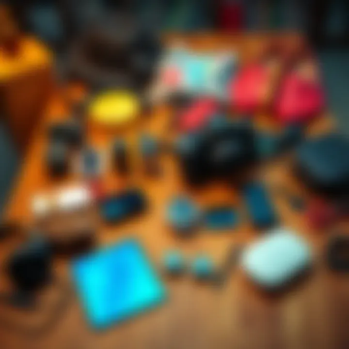 A collection of popular gadgets and fashion items symbolizing current trends, laid out on a wooden table.