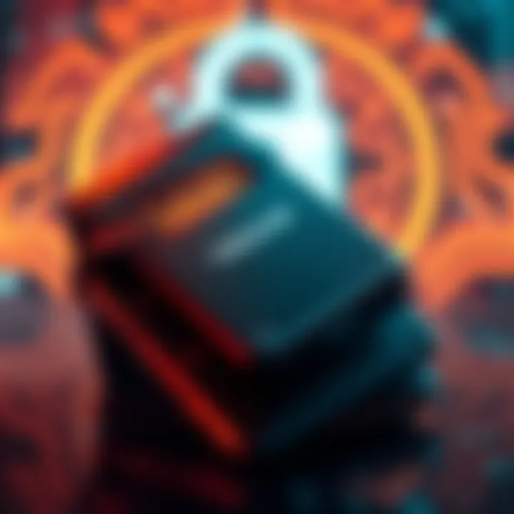 A close-up of a Trezor 1 cryptocurrency wallet showcasing its design and security features, with a digital lock symbol in the background.