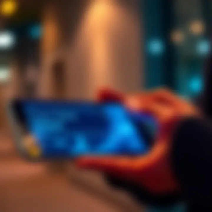A person holding a Trezor 3 hardware wallet while looking at an Android device for setup instructions