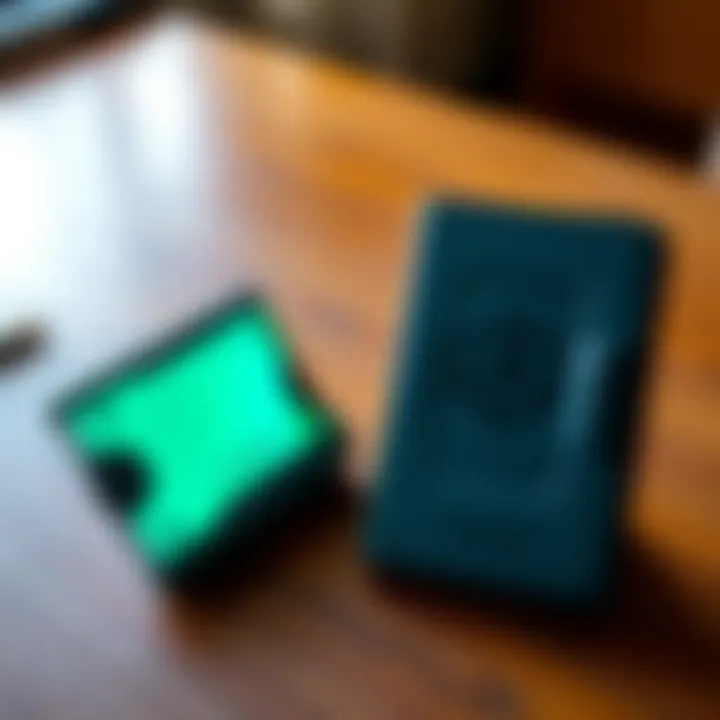 A side-by-side view of Trezor and Blockstream Jade cold wallets placed on a wooden table, showcasing their sleek designs