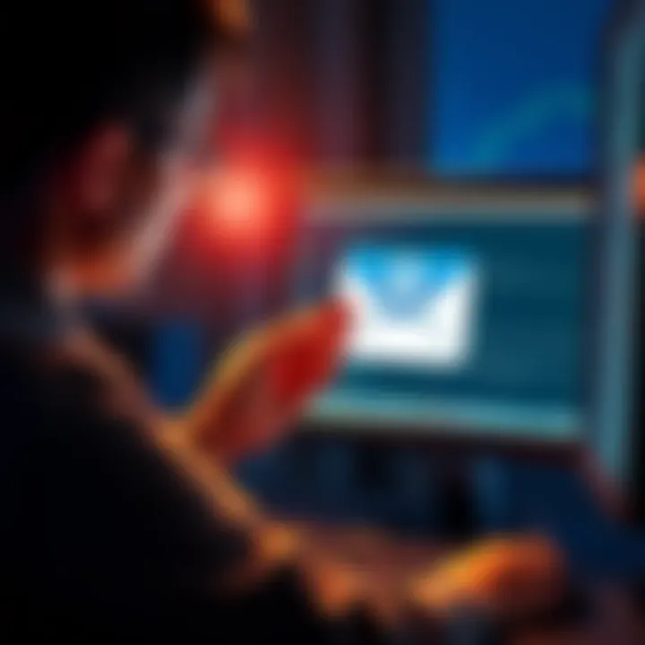 A concerned person looking at an email on a computer screen, questioning if it's a scam, with a Trezor logo visible on the screen.