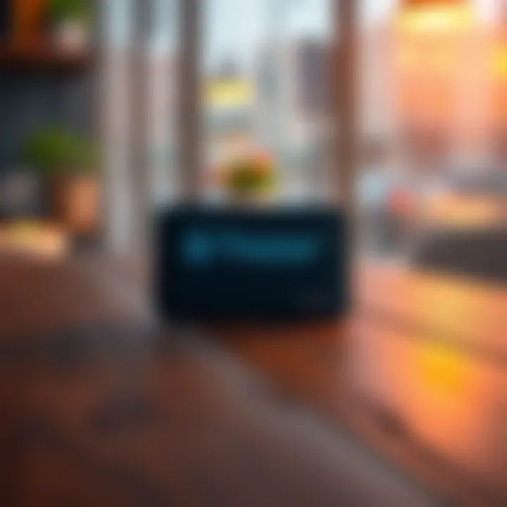 A Trezor hardware wallet displayed on a wooden table, highlighting its sleek design and branding