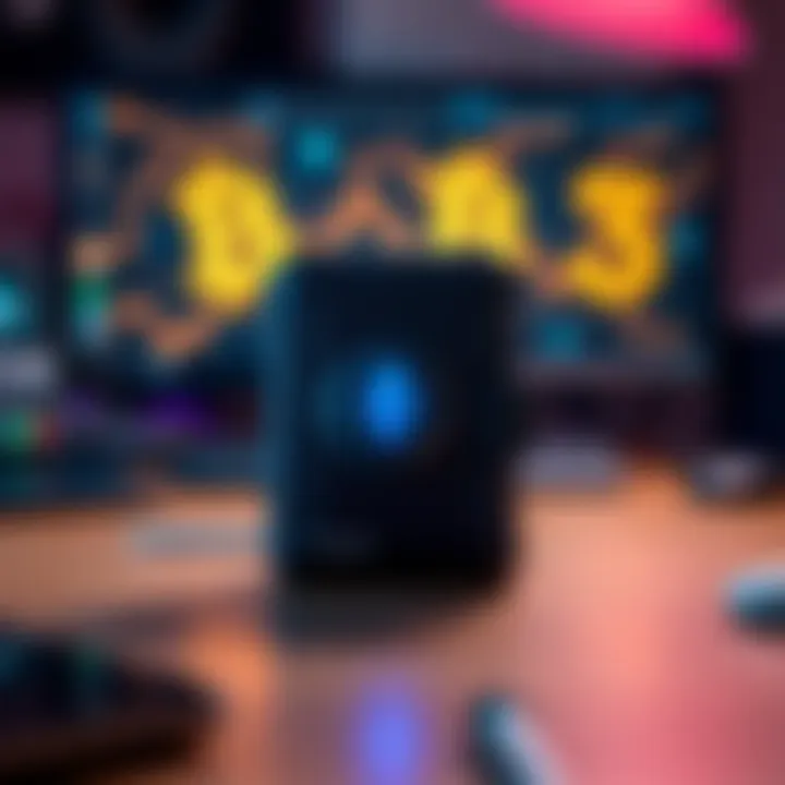 A Trezor Safe 3 cold wallet displayed on a desk with a digital currency graphic in the background