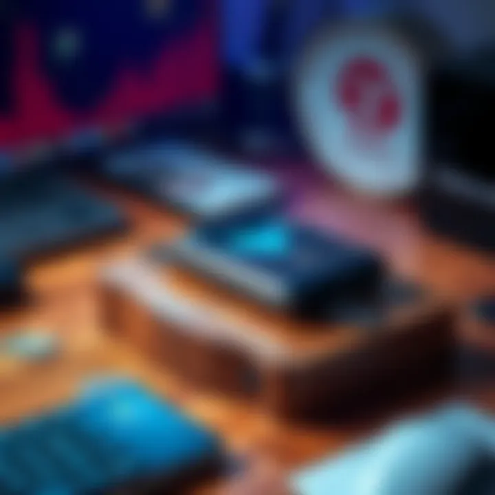 A Trezor Safe 7 hardware wallet resting on a wooden desk with cryptocurrency icons around it