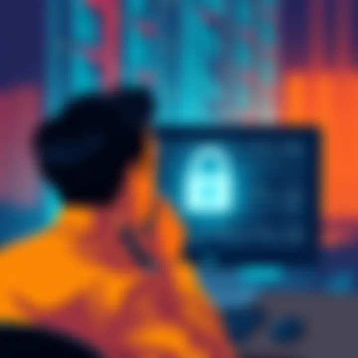 A worried person looking at a computer screen displaying IP address data, with a lock symbol indicating privacy concerns.