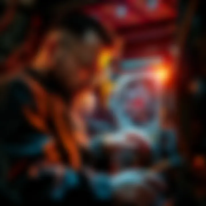 A person working on a mining machine, checking cables and connections for issues.