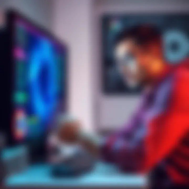 A person checking connections on a desktop PC while looking concerned about a no signal error on the monitor.