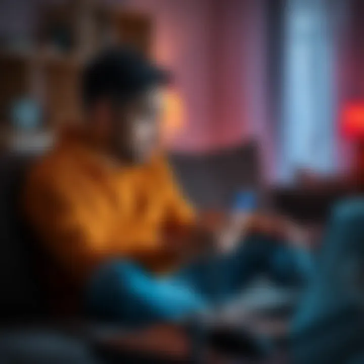 Person troubleshooting phone connectivity A person sitting on a couch, looking frustrated while holding a smartphone, surrounded by a laptop and router, trying to fix internet issues.