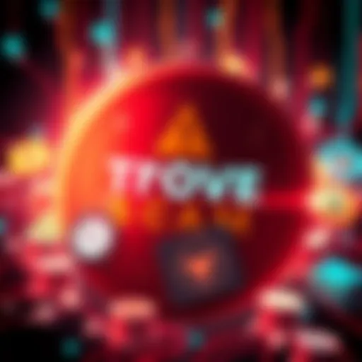 A graphic showing a warning symbol with money and digital icons, highlighting the Trove scam issue.