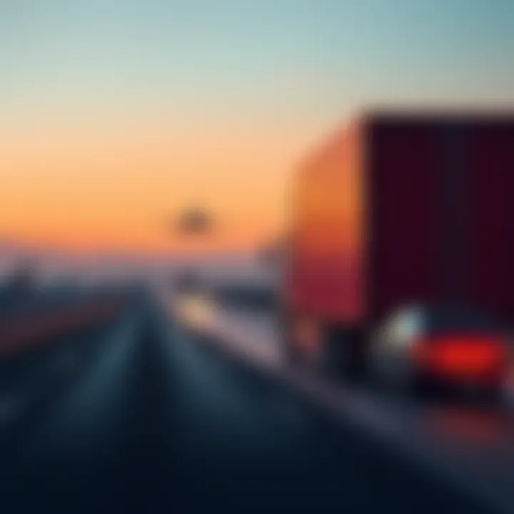 A truck driving on the highway with an airport in the distance, symbolizing the ripple effect of rising fuel costs and travel delays.