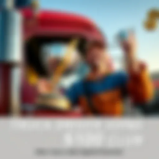 A happy truck driver holds a trophy symbolizing his achievement in the $100 Club, with a truck in the background.