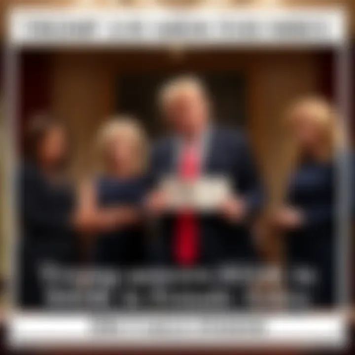 Donald Trump presenting cash bonuses to Natalie Harp and two female aides in a formal setting