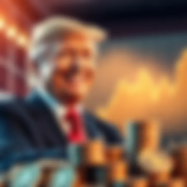 Donald Trump smiling while standing next to a chart showing a rise in cryptocurrency value, with coins in the foreground