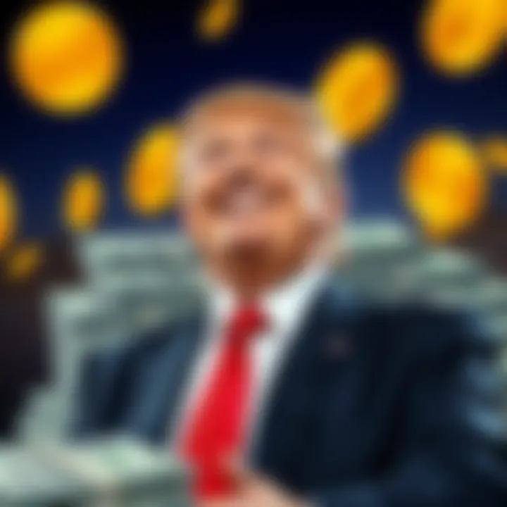 Trump smiling with stacks of cash and memecoin symbols in the background, representing his profit while investors suffer losses.