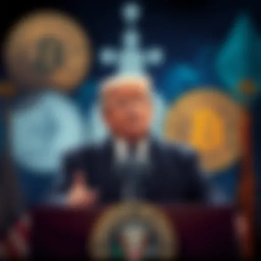 Former President Trump speaking at a podium, urging Senate action on cryptocurrency regulation, with images of Bitcoin and Ethereum in the background.