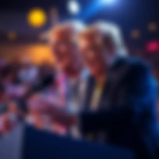 Former President Trump giving a speech about his new cryptocurrency policies with a crowd behind him.