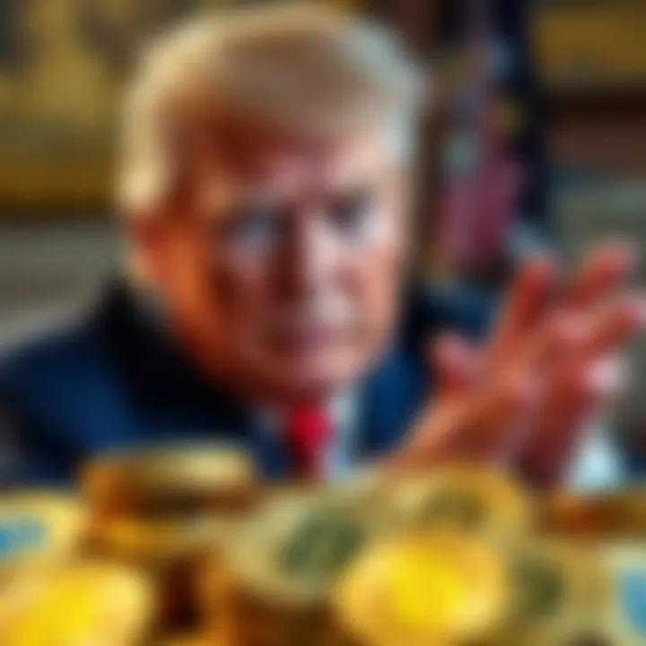 Former President Trump discussing tax relief on cryptocurrencies with coins in the foreground