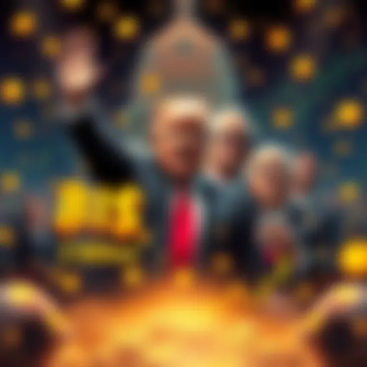 The Trump family celebrating a financial win, surrounded by cryptocurrency symbols and graphs, while investors look on worriedly.
