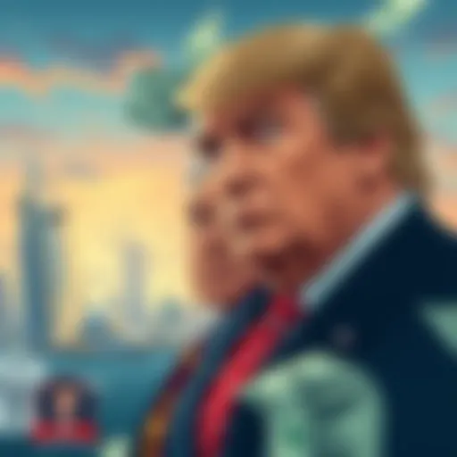 Illustration of Trump family with dollar bills and Abu Dhabi skyline in the background, symbolizing financial interests and potential conflicts