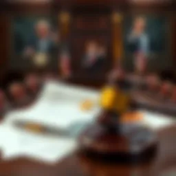 A courtroom scene with a gavel and documents symbolizing the lawsuit against Trump for cryptocurrency profits