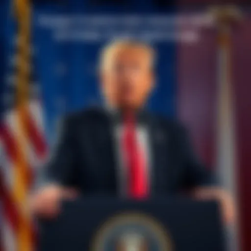 Donald Trump making a controversial statement at a press conference, with a backdrop of the American flag