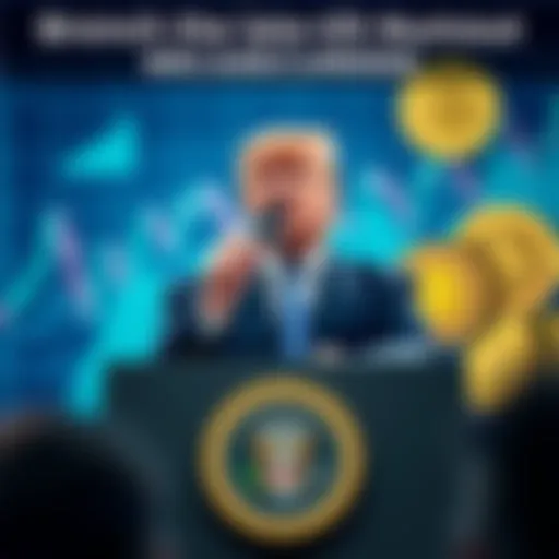 Donald Trump giving a speech in support of cryptocurrency with charts and coins in the background