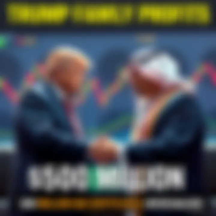 Donald Trump and Sheikh Tahnoon shake hands over a $500 million cryptocurrency deal, with charts and crypto symbols in the background.