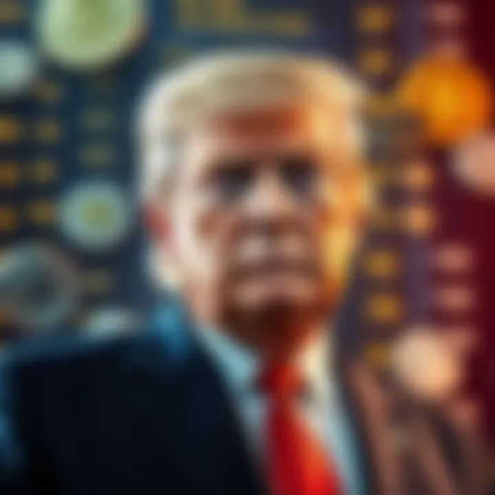 Former President Donald Trump with cryptocurrency symbols and regulations in the background.