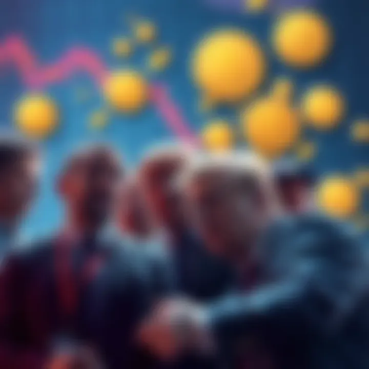A group of distressed investors looking at a falling cryptocurrency chart with Trump-themed coins in the background.