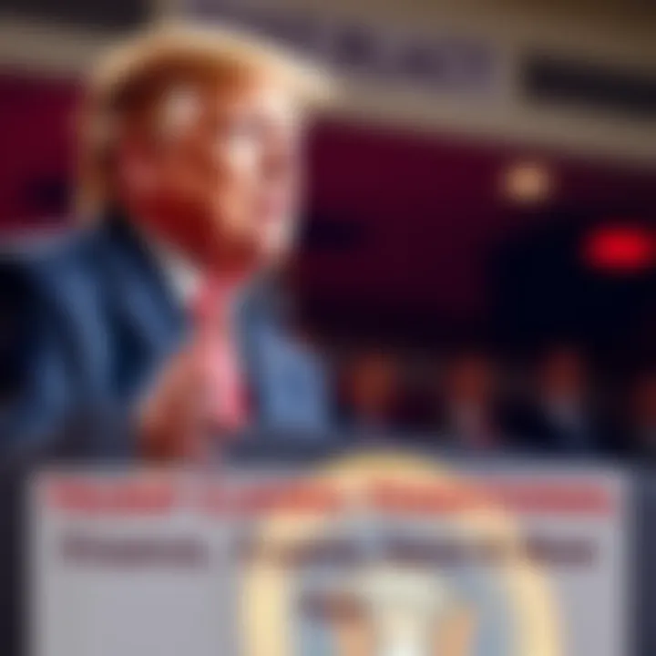 President Trump at a podium discussing the broken financial system and the role of cryptocurrency as a solution